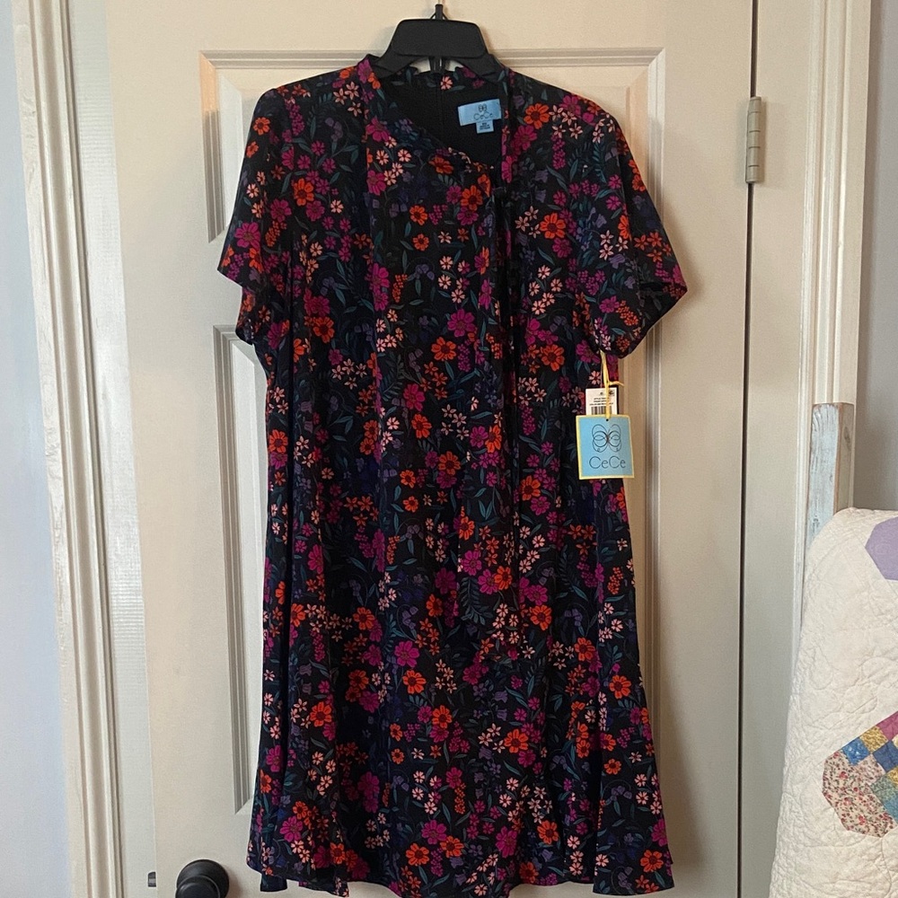 CeCe Black Dress with Vibrant Floral Patterns NWT